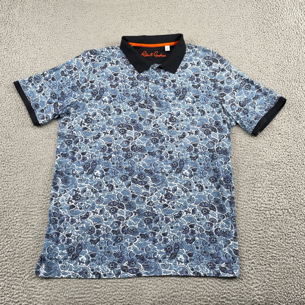 Robert Graham Polo Shirt Mens XL Blue Floral Classic Fit Cotton Short Sleeve